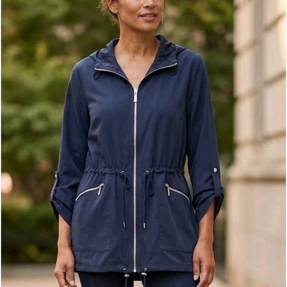 Chico's Hooded Zip Anorak Jacket Navy Blue Drawstring Mid-Length 0 (US 4)